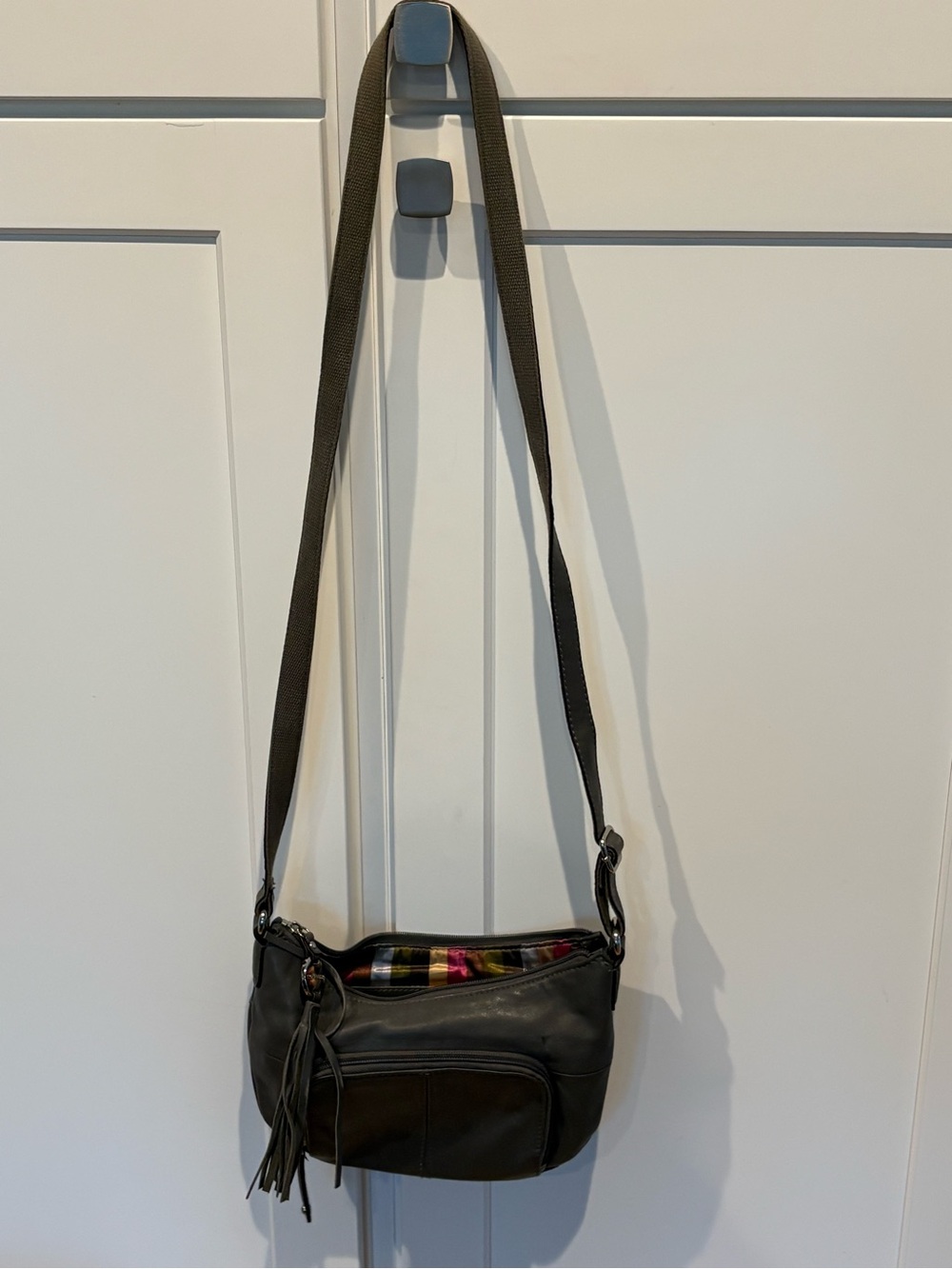 Tignanello Gray Leather Crossbody with Tassel Accent